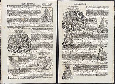 Schedel, pub. 1493 - Pair of Engravings of Historic Figures, Comet, Sun & Moon. This important 
