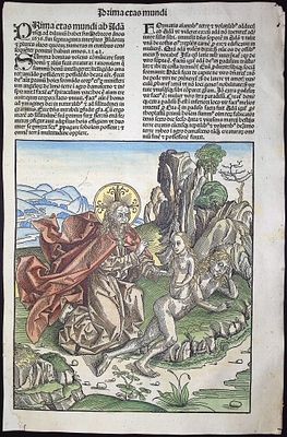Schedel, pub. 1493 - Creation of Eve from Adam's Rib. This important and historic engraving is 