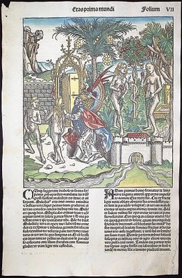 Schedel, pub. 1493 - Adam & Eve in the Garden of Eden. This important and historic engraving is 