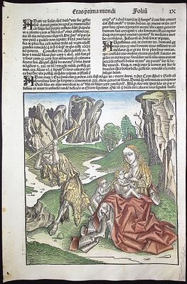 Schedel, pub. 1493 - Adam & Eve with Cain & Abel. This important and historic engraving is from 