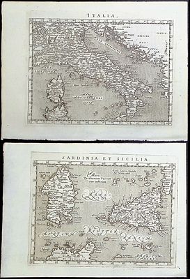 Magini's Ptolemy, pub. 1596 - Pair of Maps of Italy, Sardinia Sicily. This engraved map is from 