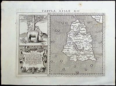 Magini's Ptolemy, pub. 1596 - Map of Taprobana, Island in Sumatra, with inset of Elephant. This 