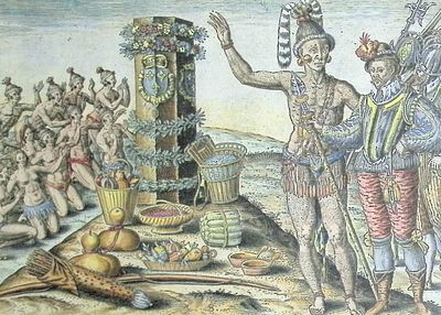 De Bry - Florida - Native Americans worship at a column decorated with the French royal coat of 