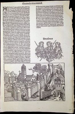 Schedel, pub. 1493 - View of European Town / Verso: Text Only. This important and historic 