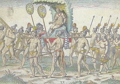 De Bry - Florida - The display involved when a queen elect is brought to the king (Palanquin or 