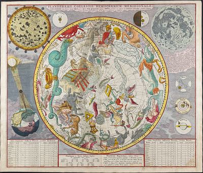 Visscher - Chart of the Southern Celestial Sky with Depictions of the Surface of the Sun & Moon 