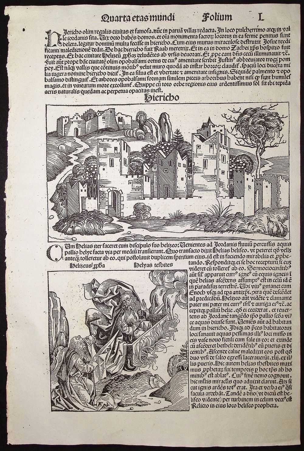 Schedel, pub. 1493 - View of Jericho, Ascent of Elijiah / Verso: Historic People. This important 