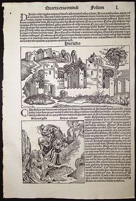 Schedel, pub. 1493 - View of Jericho, Ascent of Elijiah / Verso: Historic People. This important 