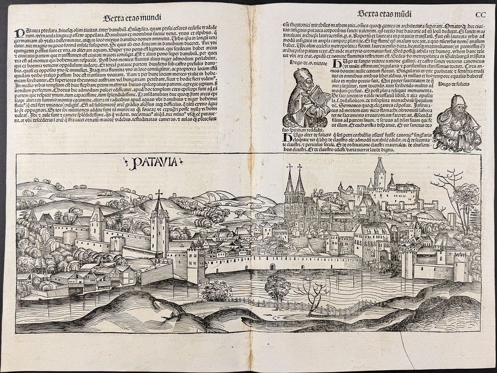 Schedel, pub. 1493 - View of Patavia (Passau), Germany / Verso: Historic People. This important 