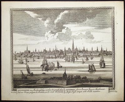Schenck - View of Antwerp, Belgium (Antwerpen). 53. This historic engraved city or port view is 