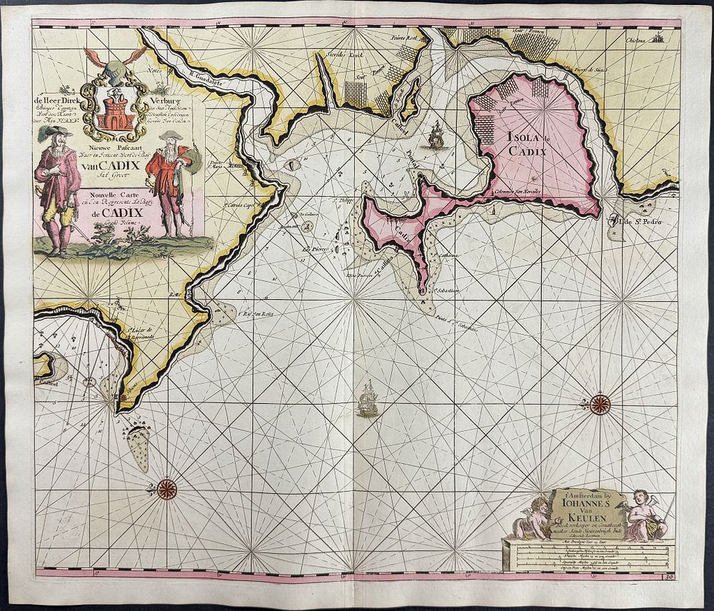 Van Keulen, Rare - Bay of Cadiz (Portugal, Spain). This extraordinary, originally hand-colored 