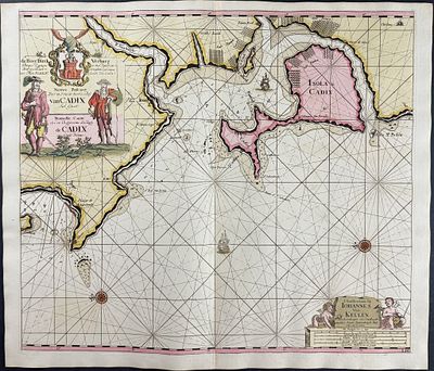 Van Keulen, Rare - Bay of Cadiz (Portugal, Spain). This extraordinary, originally hand-colored 