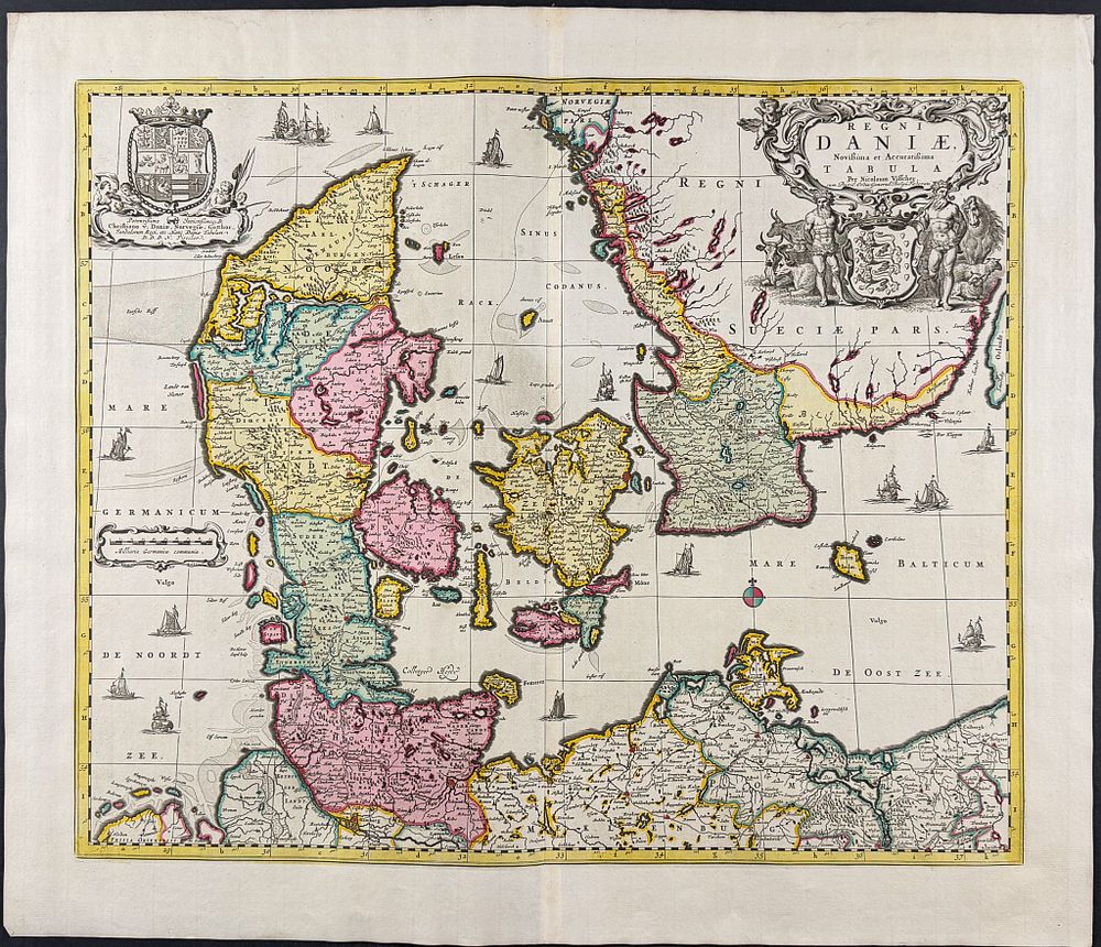 Visscher - Map of Denmark. This exceptional map with beautiful original hand-coloring is from 