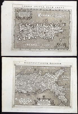 Magini's Ptolemy, pub. 1596 - 4 Maps of Crete, Naples, Rome, Tuscany (Italy). This engraved map 