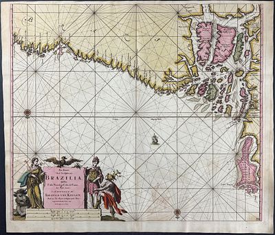 Van Keulen, Rare - Coastal Map of Brazil. This extraordinary, originally hand-colored map is 