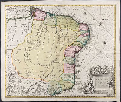 Visscher - Map of Brazil. This exceptional map with beautiful original hand-coloring is from the 
