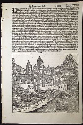 Schedel, pub. 1493 - View of Lyon (Lyons), France & Religious & Historic People. This important 