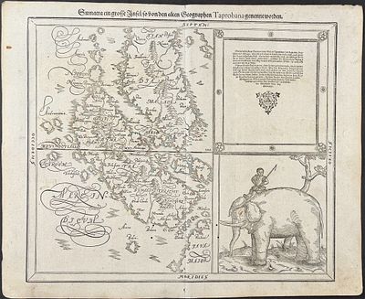 Munster, pub. 1598 - Map of Taprobana, Island in Sumatra, with inset of Elephant. This very old 