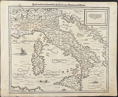 Munster, pub. 1598 - Map of Italy. This very old woodcut is from Sebastian Munster's 