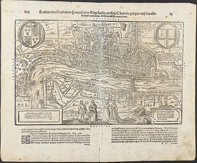 Munster, pub. 1598 - View of London, England. This very old woodcut is from Sebastian Munster's 