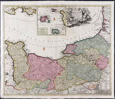 Visscher - Map of Normandy, France. This exceptional map with beautiful original hand-coloring 