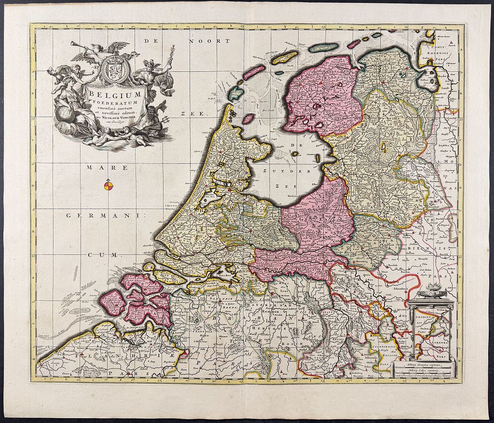 Visscher - Map of Belgium. This exceptional map with beautiful original hand-coloring is from 