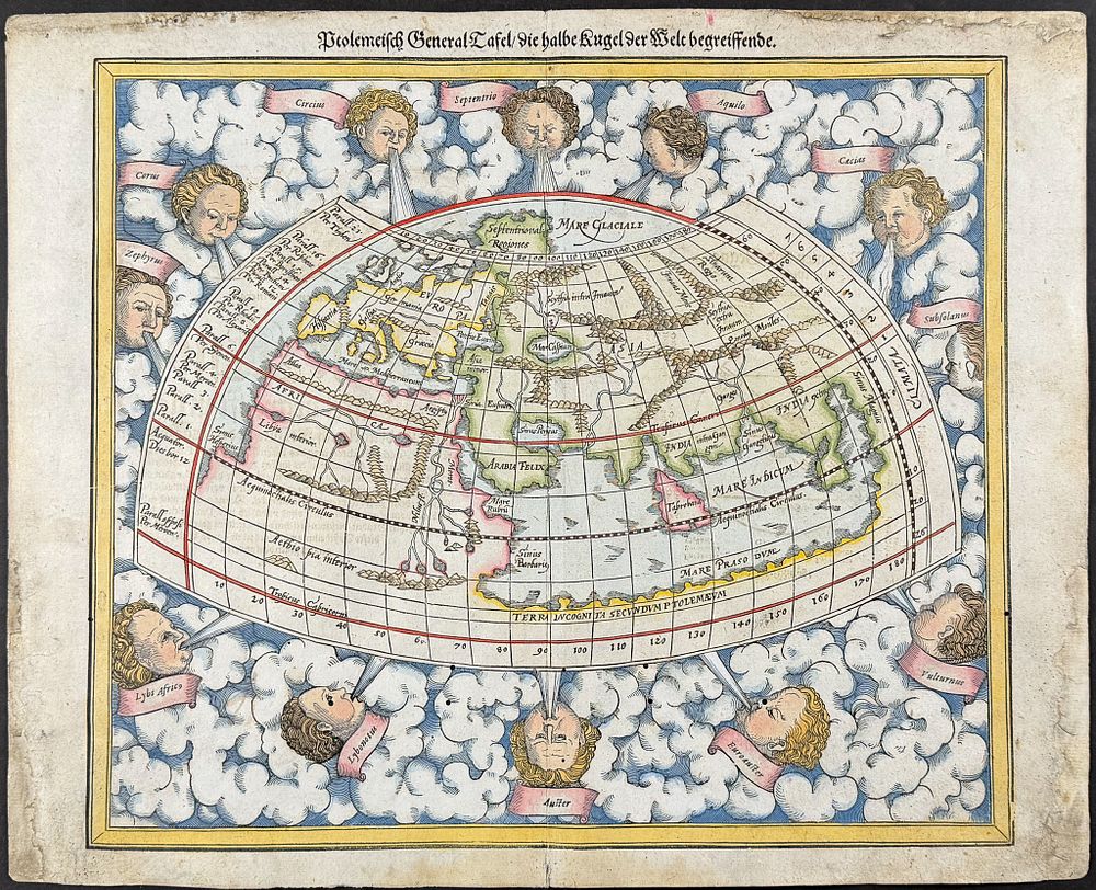 Munster, pub. 1598 - Map of the Ancient World (Africa, Europe, Asia). This very old woodcut is 