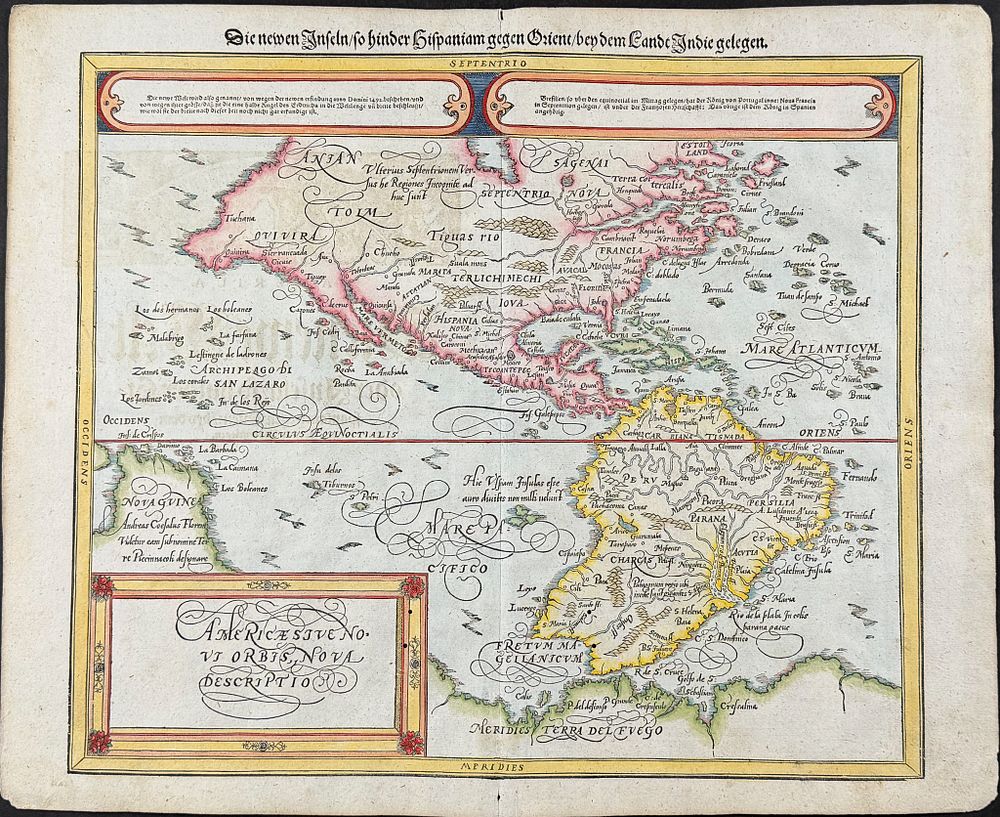 Munster, pub. 1598 - Map of the Americas. This very old woodcut is from Sebastian Munster's 