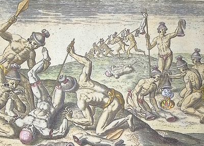 De Bry - Florida - How Outina's men treated the slain of the enemy (Scalping). This significant 