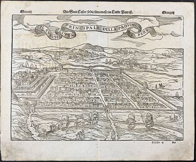 Munster, pub. 1598 - View of Cusco, Peru. This very old woodcut is from Sebastian Munster's 