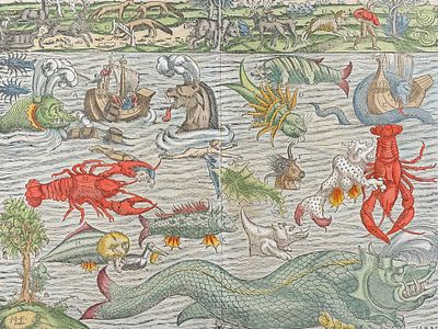 Munster, pub. 1598 - Sea Monster and Animal Tableau (Famous Chart, Munster's Monsters); 