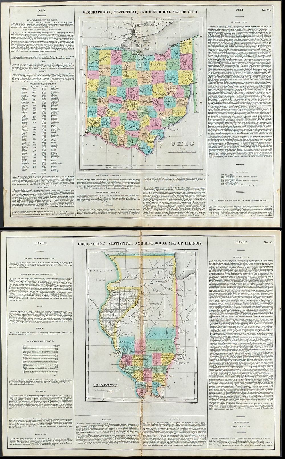 Carey & Lea, First Ed - 3 Maps of Ohio, Illinois, & Indiana. This hand-colored map was part of 