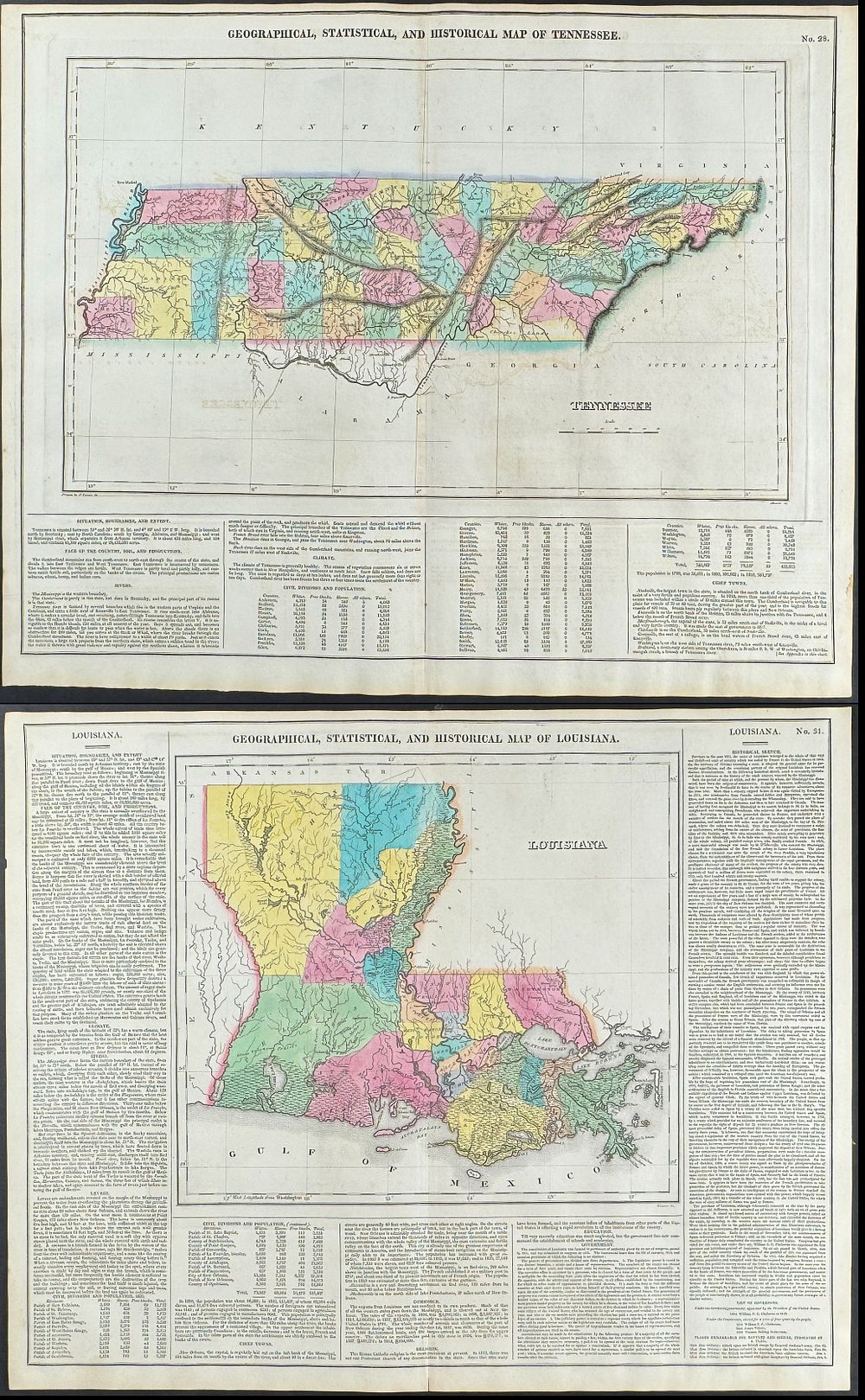 Carey & Lea, First Ed - 4 Maps of Louisiana, Alabama, Tennessee, & Kentucky. This hand-colored 