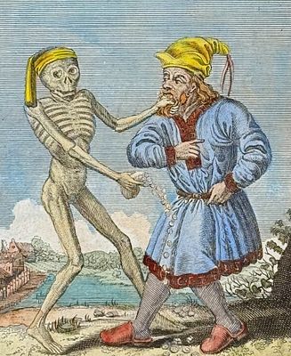 Merian - Dance of Death. 69. This rare and early engraving is from Matthaus Merian's "La danse 