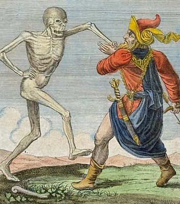 Merian - Dance of Death. 71. This rare and early engraving is from Matthaus Merian's "La danse 