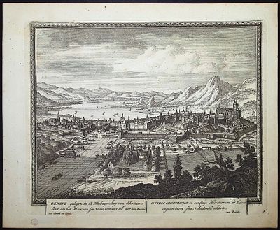 Schenck - View of Geneva, Switzerland (Geneve). This historic engraved city or port view is from 