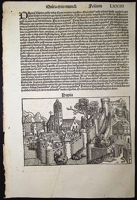 Schedel, pub. 1493 - View of Pavia, Italy & Religious & Historic People. This important and 