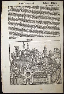 Schedel, pub. 1493 - View of Verona, Italy & Religious & Historic People. This important and 