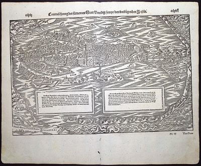 Munster, pub. 1598 - Map of Venice, Italy. This very old woodcut is from Sebastian Munster's 