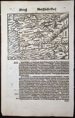 Munster, pub. 1598 - Map of Asia Minor, Turkey. This very old woodcut is from Sebastian 