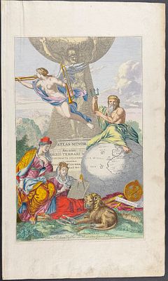 Visscher - Frontispiece with Globe, Angel, Atlas Holding the World, Lion. This exceptional map 