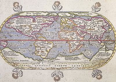 Cernoti & Magini's Ptolemy, pub. 1597 - Map of the World with the Americas 6 Wind Heads. This 