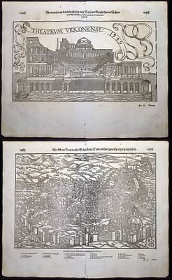 Munster, pub. 1598 - Pair: View of Rome, Italy & Roman Theater of Verona, Italy (Theatrum 