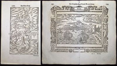 Munster, pub. 1598 - Pair: View of Naples, Italy & Map of Sardinia. This very old woodcut is 