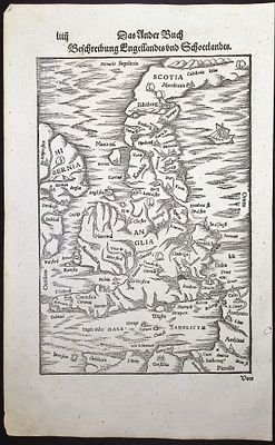 Munster, pub. 1598 - Map of England & Scotland with part of Ireland. This very old woodcut is 