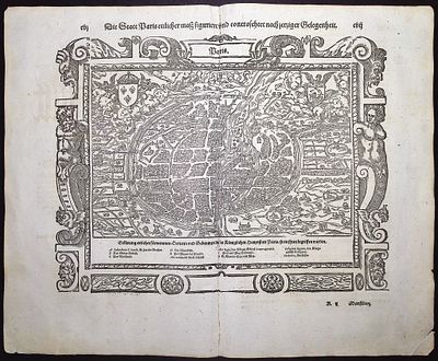 Munster, pub. 1598 - View of Paris, France. This very old woodcut is from Sebastian Munster's 
