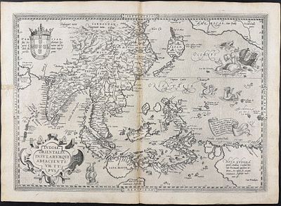 Ortelius, pub. 1575 - Map of India, Asia, East Indies, Japan, New Guinea. This stunning folio 