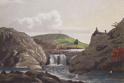 Ellis, Hawaii - Waterfall in Byron Bay. This historic engraving is from William Ellis's 