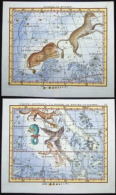 Flamsteed - Pair of Constellation or Celestial Charts of Leo (Lion), Lynx & Eagle, Fox, Dolphin 