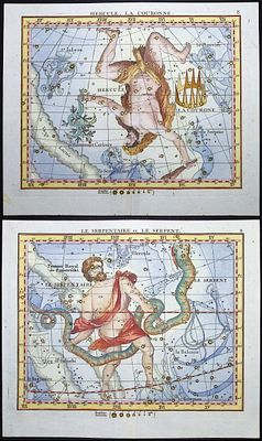 Flamsteed - Pair of Constellation or Celestial Charts of Hercules, Crown & Serpent & Serpent-bearer